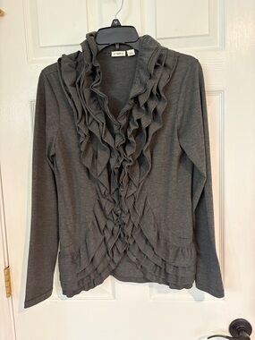 Cato Charcoal Gray Lightweight Ruffled Open Cardigan
